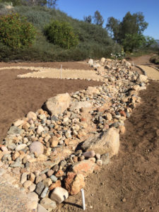A dry streambed surrounded by mounds directs and collects water in a waterwise garden