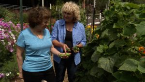 Nan and Renee look at cucumbers